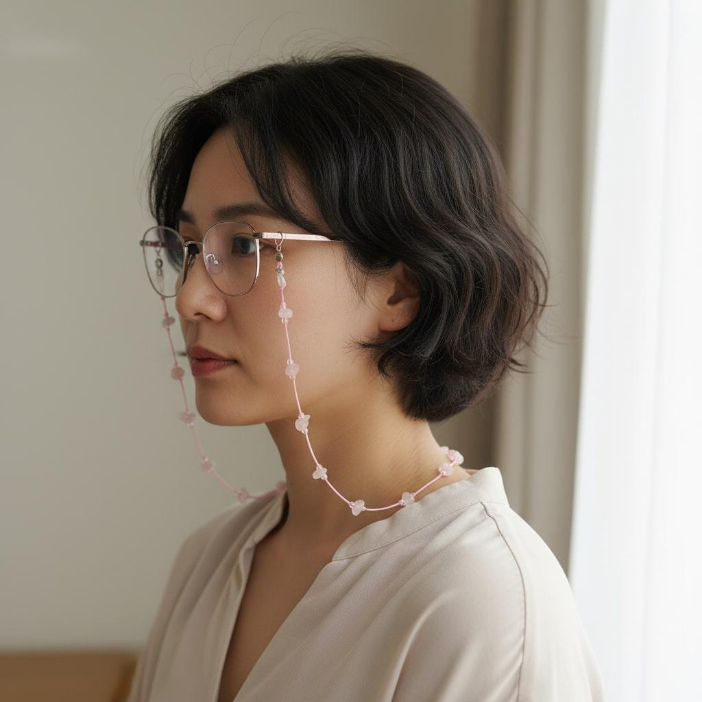 Pembe Kuvars Taşlı Gözlük Askısı – Doğal Taş Gözlük İpi