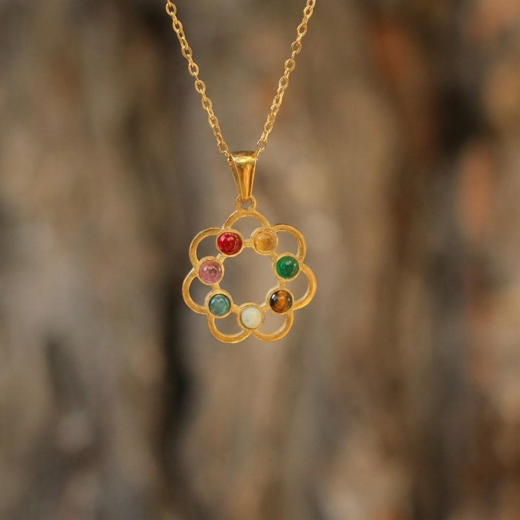 Altın Renkli Renk Çemberi Çakra Kolye ( Çelik Kolye ) – 7 Taşın Enerjisini Tek Formda Taşı
