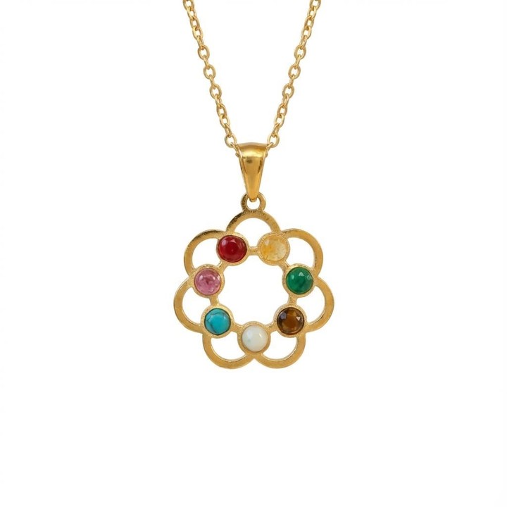 Altın Renkli Renk Çemberi Çakra Kolye ( Çelik Kolye ) – 7 Taşın Enerjisini Tek Formda Taşı - 1