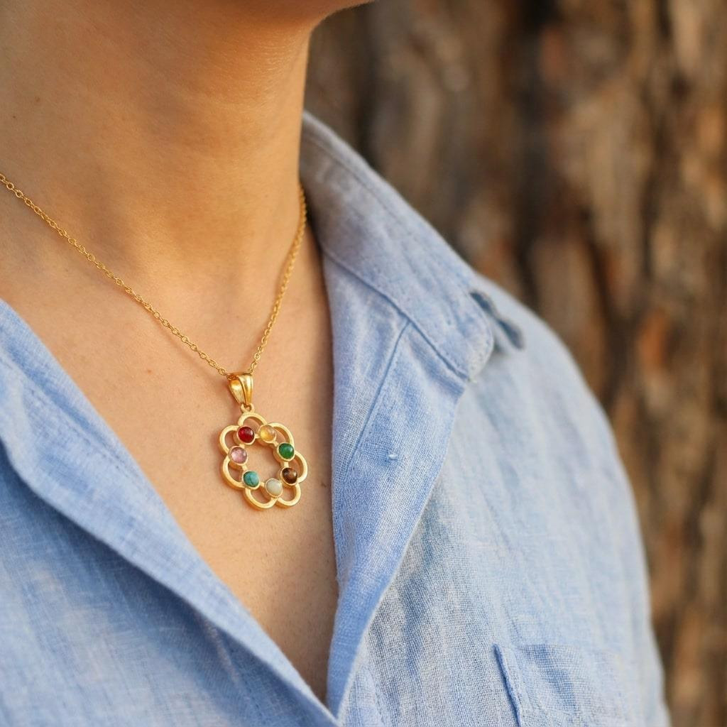 Altın Renkli Renk Çemberi Çakra Kolye ( Çelik Kolye ) – 7 Taşın Enerjisini Tek Formda Taşı