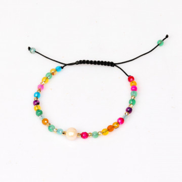 Renkli Akik ve Gerçek İncili Ayarlanabilir Doğal Taş Bileklik ( 4mm )