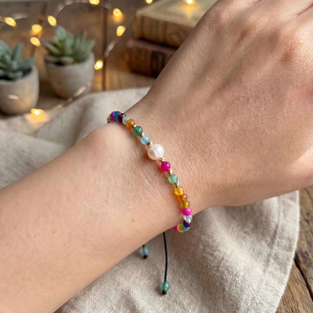 Renkli Akik ve Gerçek İncili Ayarlanabilir Doğal Taş Bileklik ( 4mm )