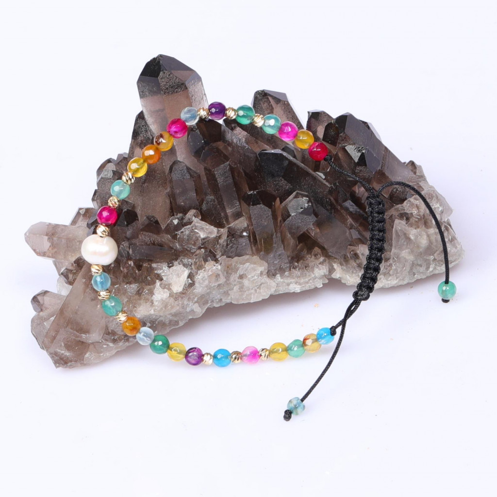 Renkli Akik ve Gerçek İncili Ayarlanabilir Doğal Taş Bileklik ( 4mm )