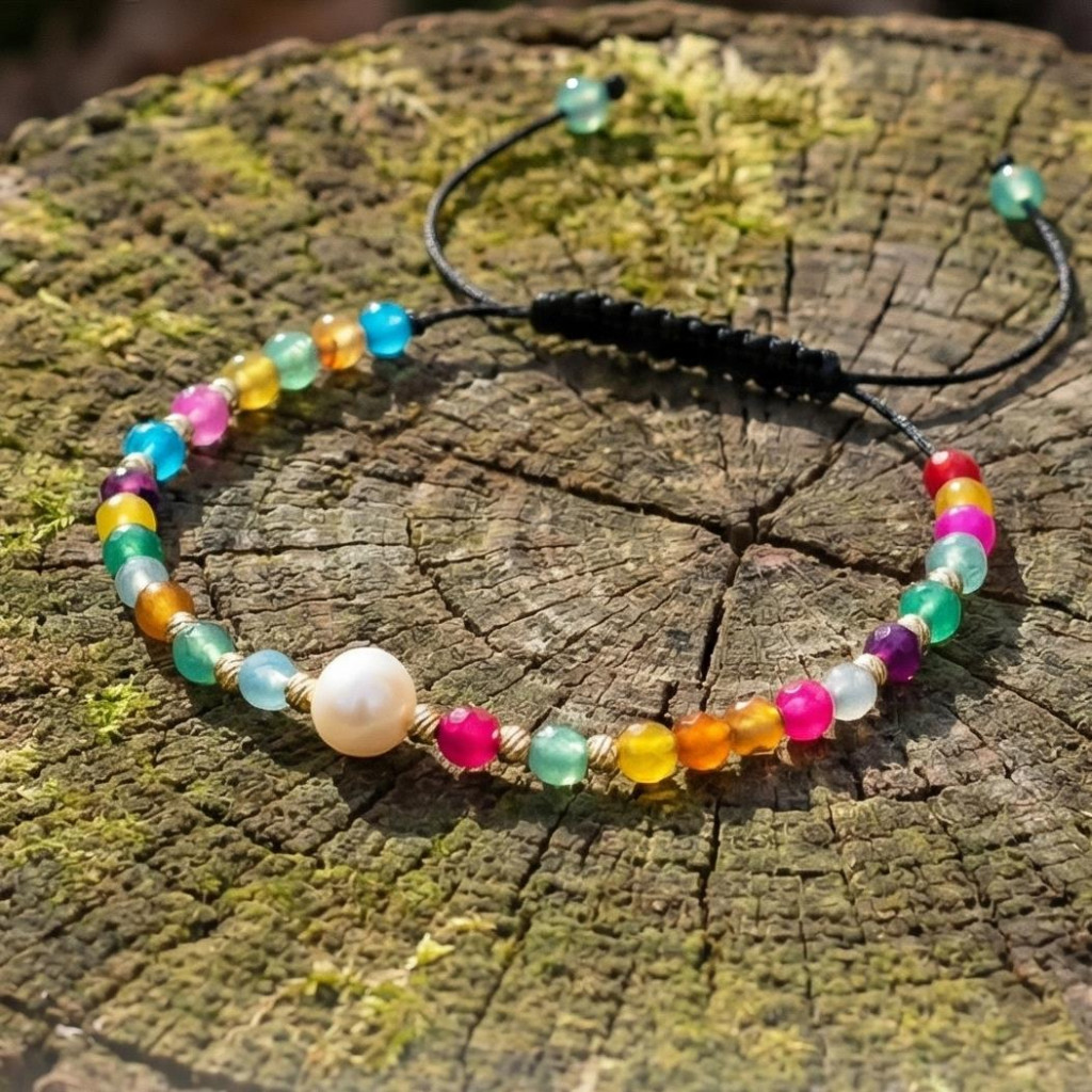 Renkli Akik ve Gerçek İncili Ayarlanabilir Doğal Taş Bileklik ( 4mm )