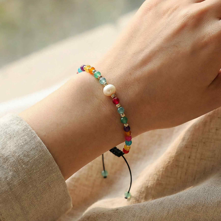 Renkli Akik ve Gerçek İncili Ayarlanabilir Doğal Taş Bileklik ( 4mm ) - 1