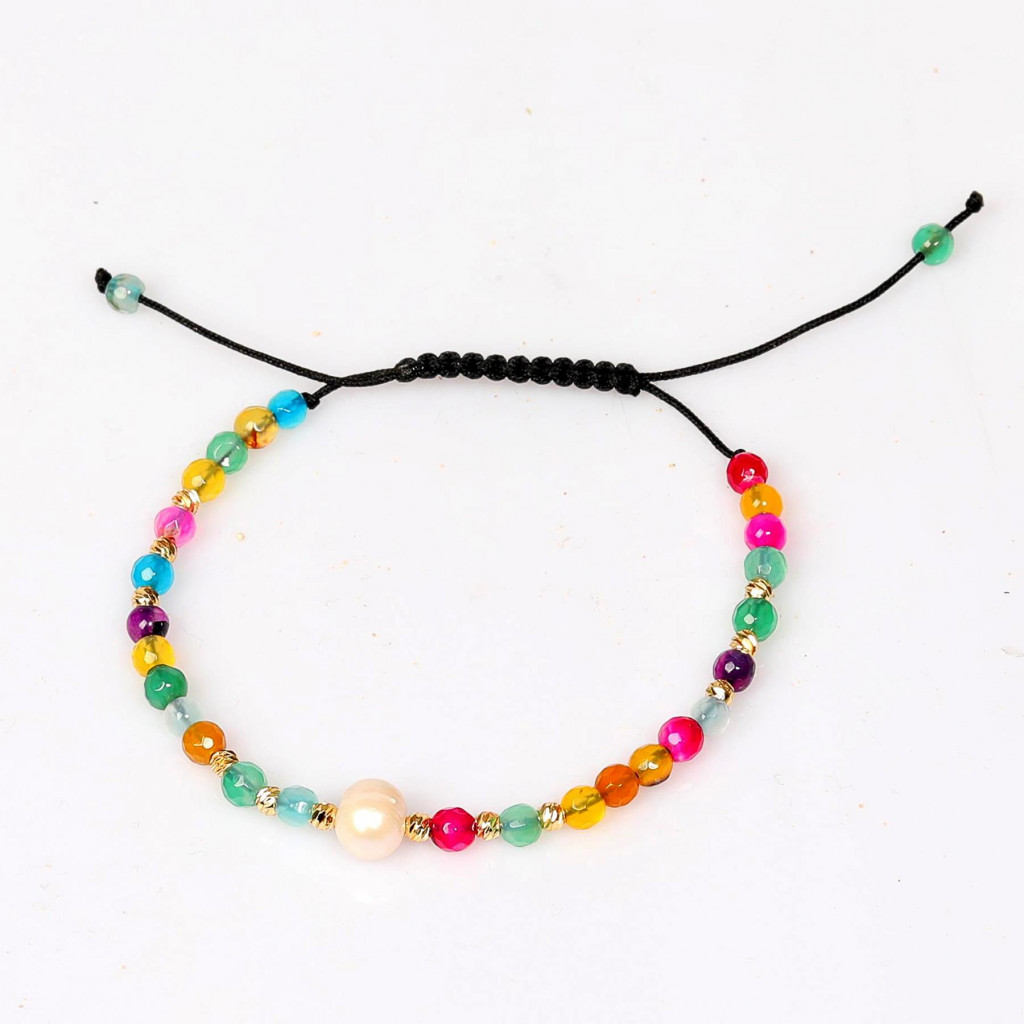 Renkli Akik ve Gerçek İncili Ayarlanabilir Doğal Taş Bileklik ( 4mm )