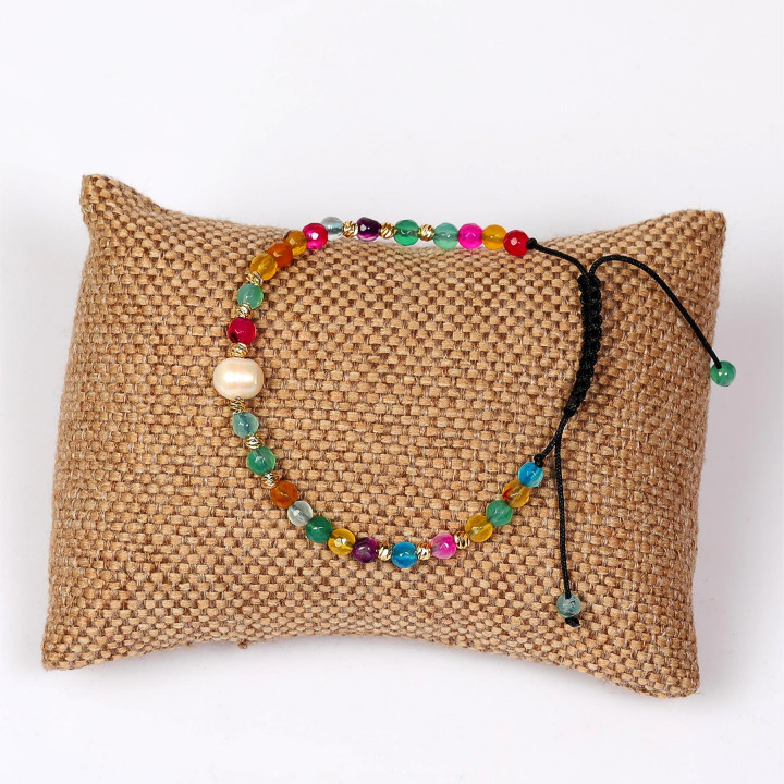 Renkli Akik ve Gerçek İncili Ayarlanabilir Doğal Taş Bileklik ( 4mm )