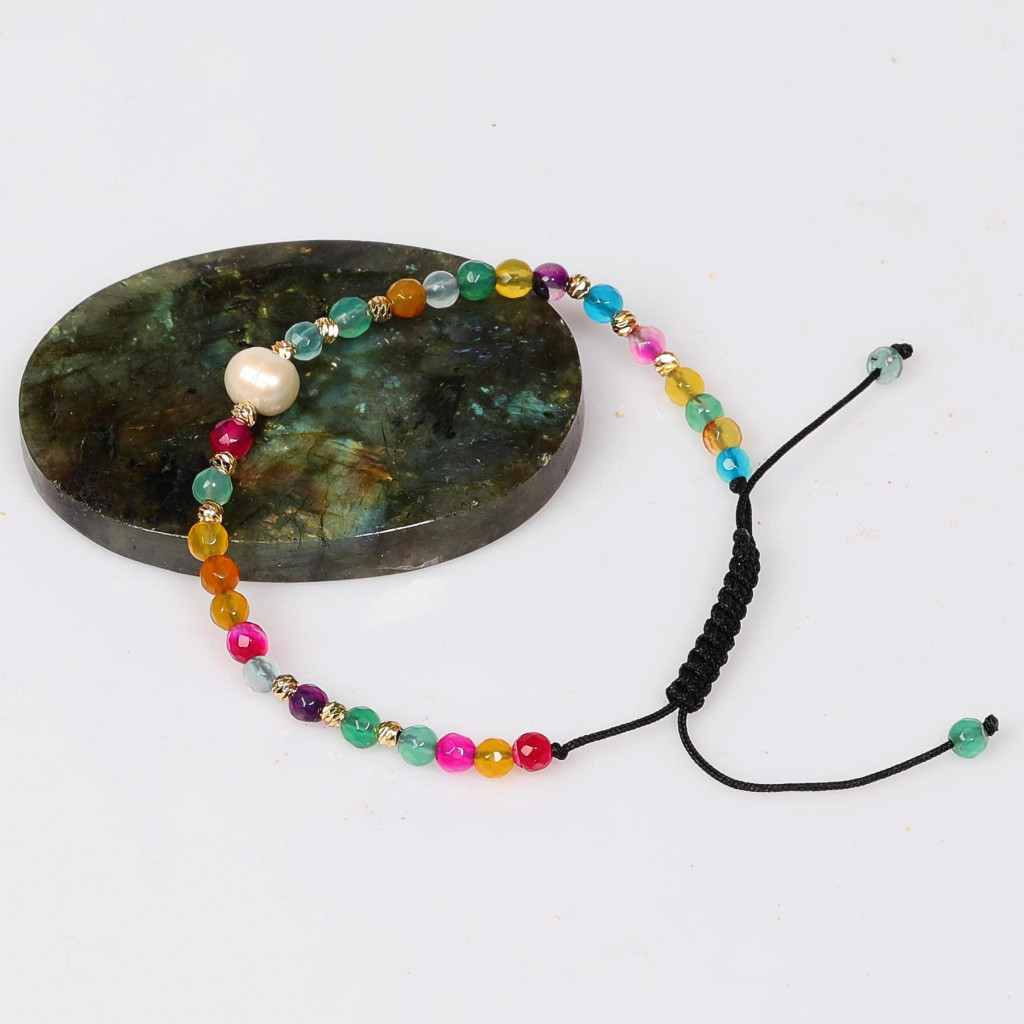 Renkli Akik ve Gerçek İncili Ayarlanabilir Doğal Taş Bileklik ( 4mm )