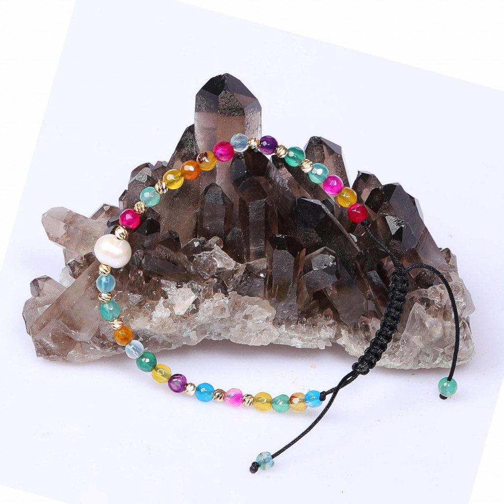 Renkli Akik ve Gerçek İncili Ayarlanabilir Doğal Taş Bileklik ( 4mm )