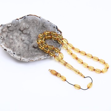 Sarı Renk Sıkma Kehribar Tesbih 7*11 mm - 2