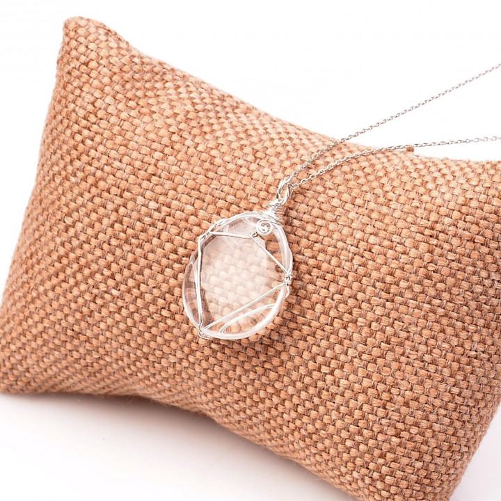 Şeffaf Kristal Kuvars Taşı Kolye - Gümüş Tel Sargılı