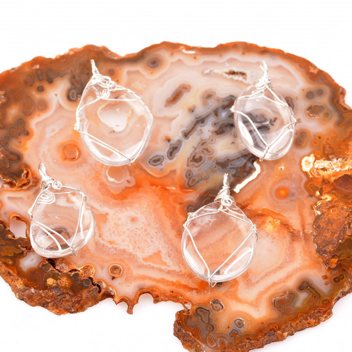 Şeffaf Kristal Kuvars Taşı Kolye - Gümüş Tel Sargılı