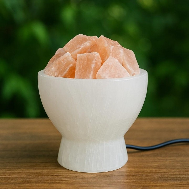 Selenit Taşı Lamba – Işık Kasesi – Turuncu Küp Taşlı – 18 cm - 1