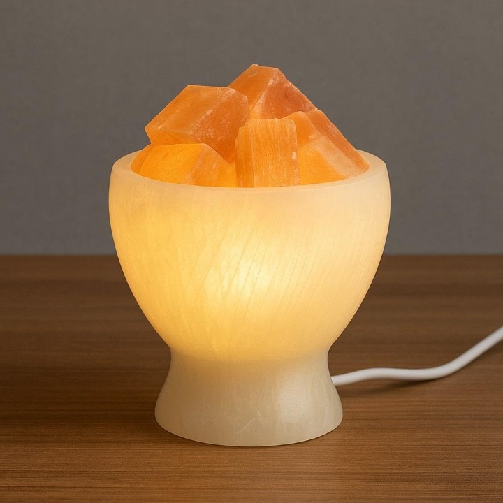 Selenit Taşı Lamba – Işık Kasesi – Turuncu Küp Taşlı – 18 cm - 2