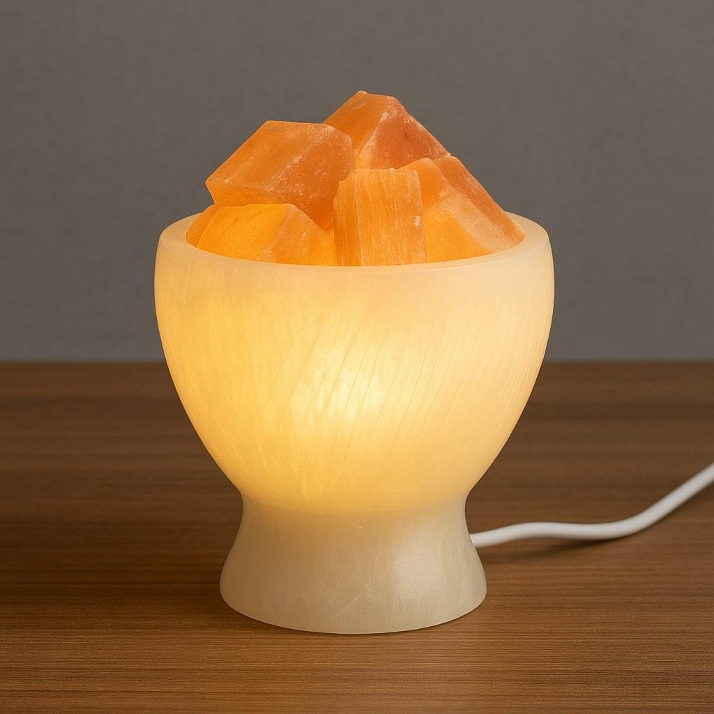 Selenit Taşı Lamba – Işık Kasesi – Turuncu Küp Taşlı – 18 cm