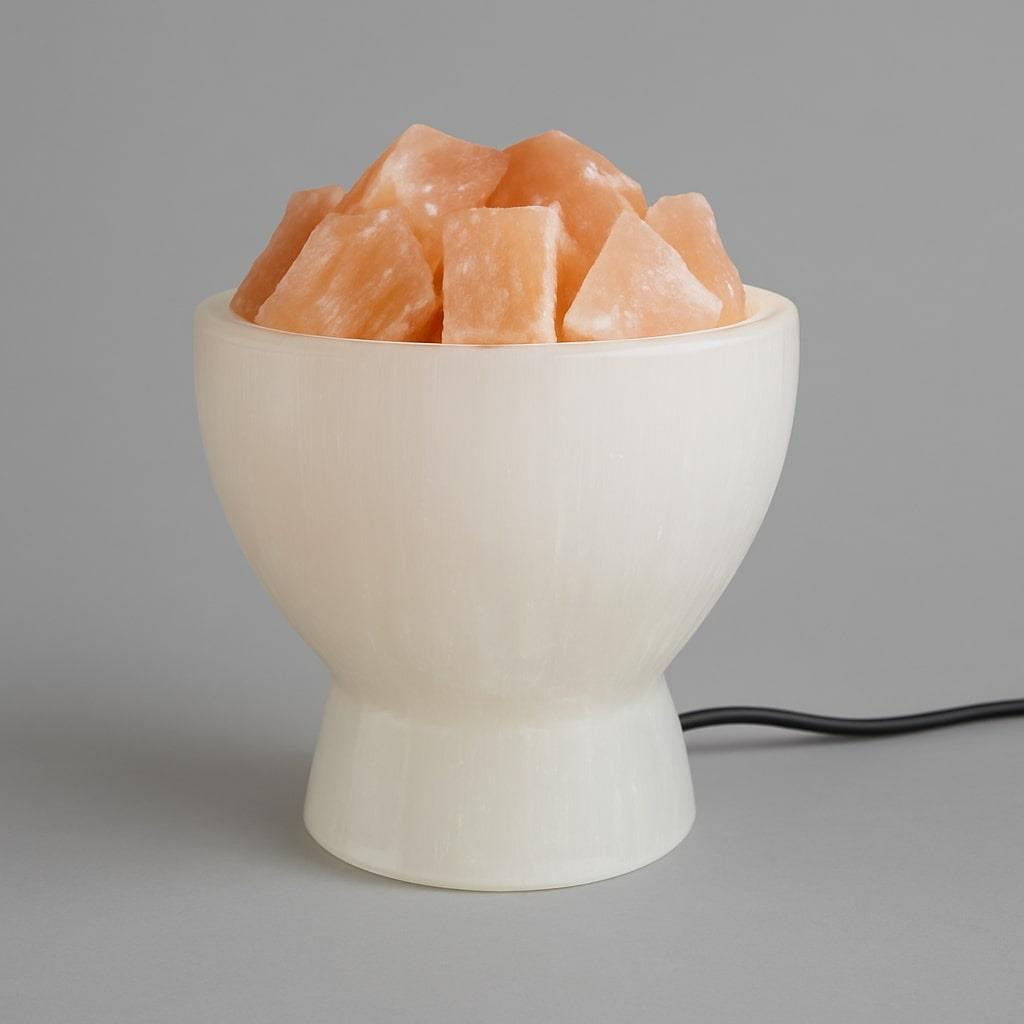 Selenit Taşı Lamba – Işık Kasesi – Turuncu Küp Taşlı – 18 cm