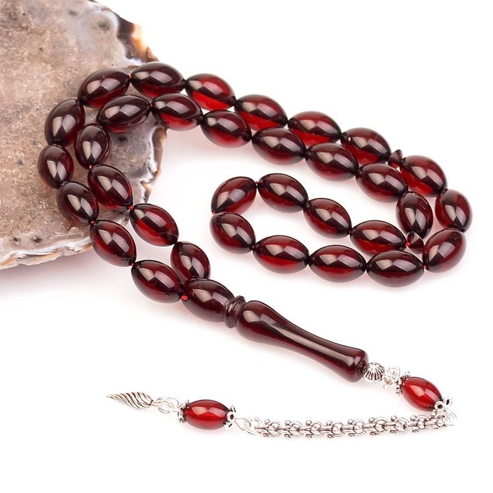 Sıkma Ateş Kehribarı Gümüş Tesbih