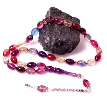 Sıkma Kehribar Gümüş Tesbih - Karışık Renkli - 2