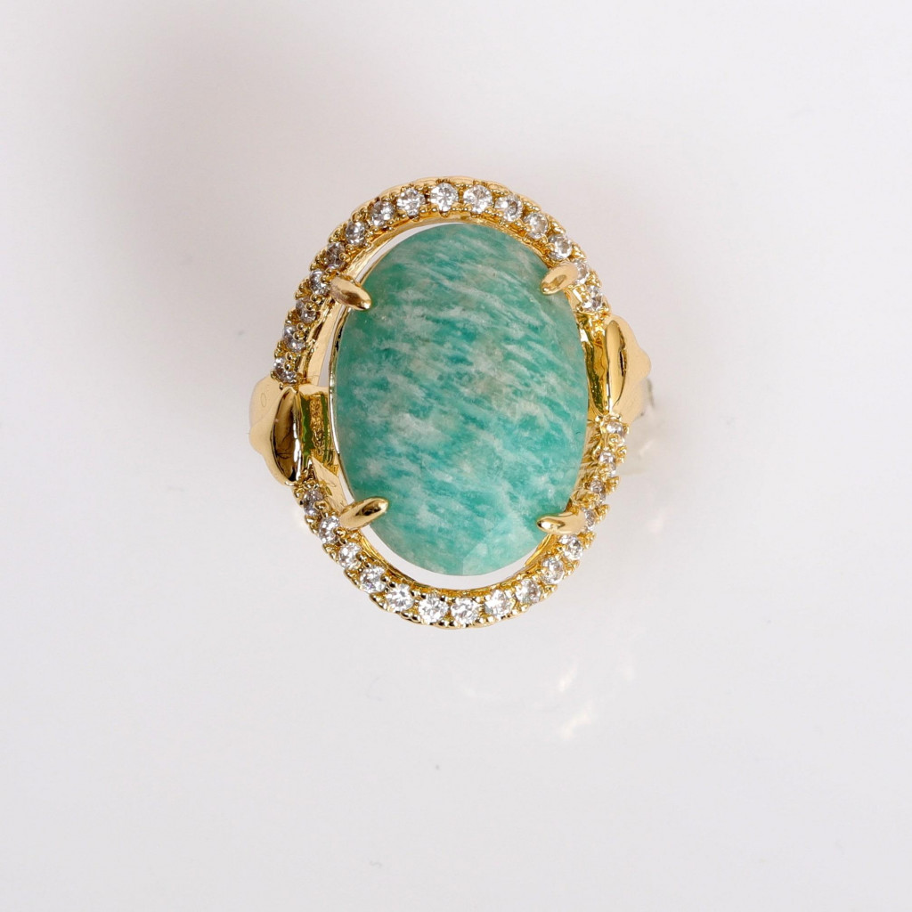 Taş Süslemeli Amazonit Taşı Yüzük - Altın Renkli Ayarlamalı Yüzük