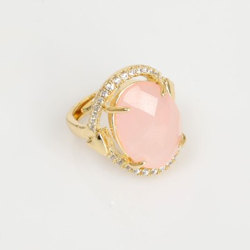 Taş Süslemeli Pembe Kuvars Taşı Yüzük - Altın Renkli Ayarlamalı Yüzük - 2