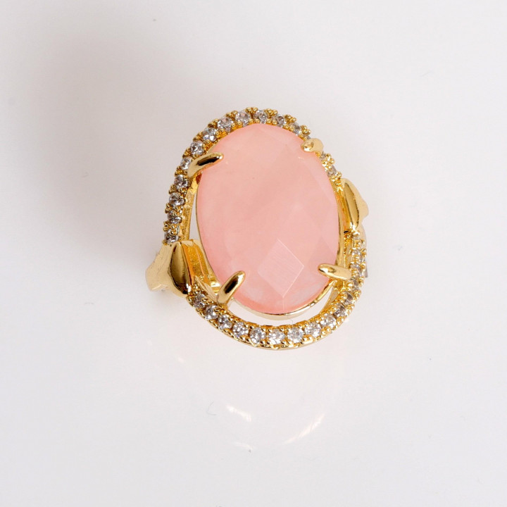 Taş Süslemeli Pembe Kuvars Taşı Yüzük - Altın Renkli Ayarlamalı Yüzük - 1