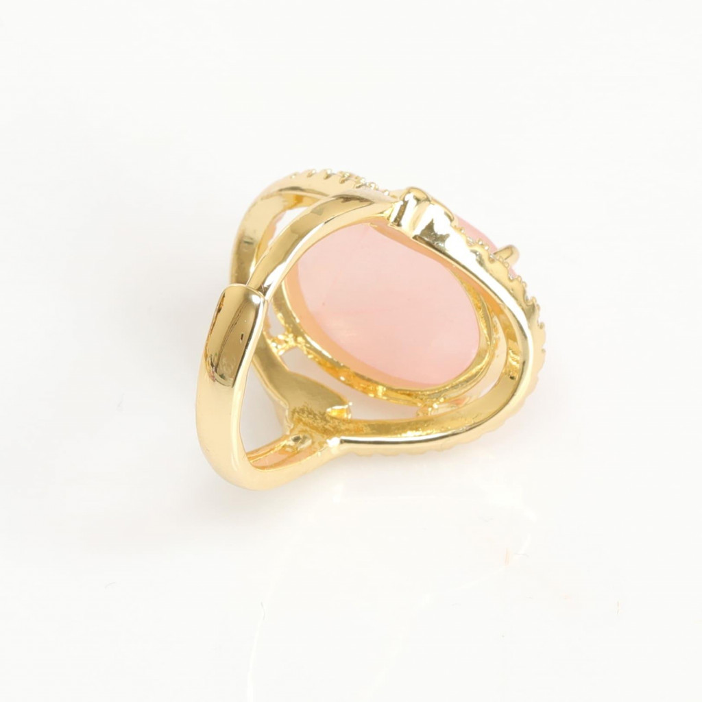 Taş Süslemeli Pembe Kuvars Taşı Yüzük - Altın Renkli Ayarlamalı Yüzük