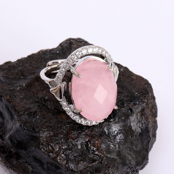 Taş Süslemeli Pembe Kuvars Taşı Yüzük - Ayarlamalı - 2