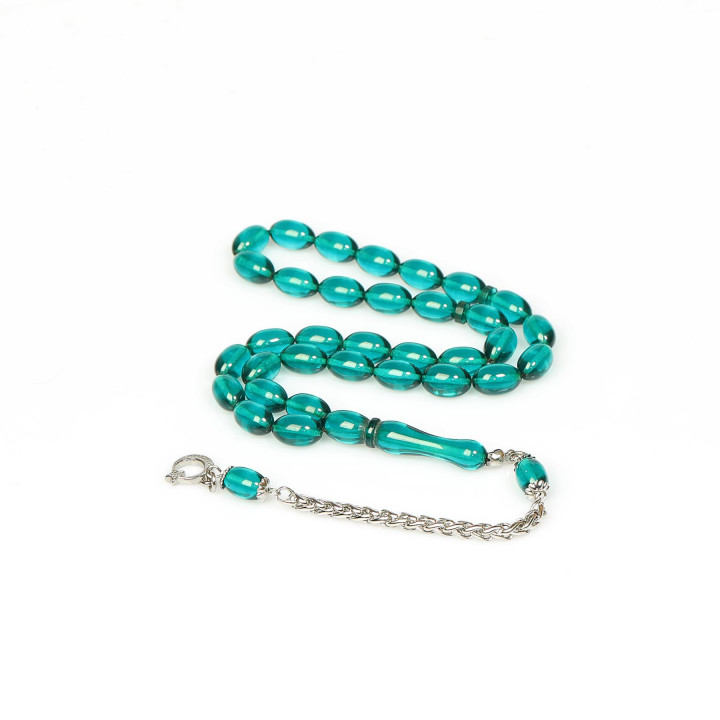 Turkuaz Esintili Çelik Püsküllü Sıkma Kehribar Tesbih (7*11 mm) - 1