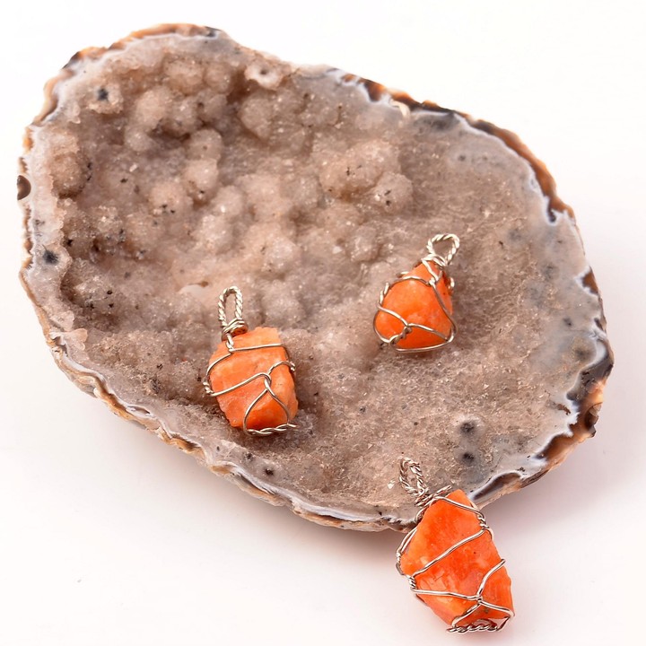 Turuncu Kalsit Taşı Kolye - Tel Sargılı - 2