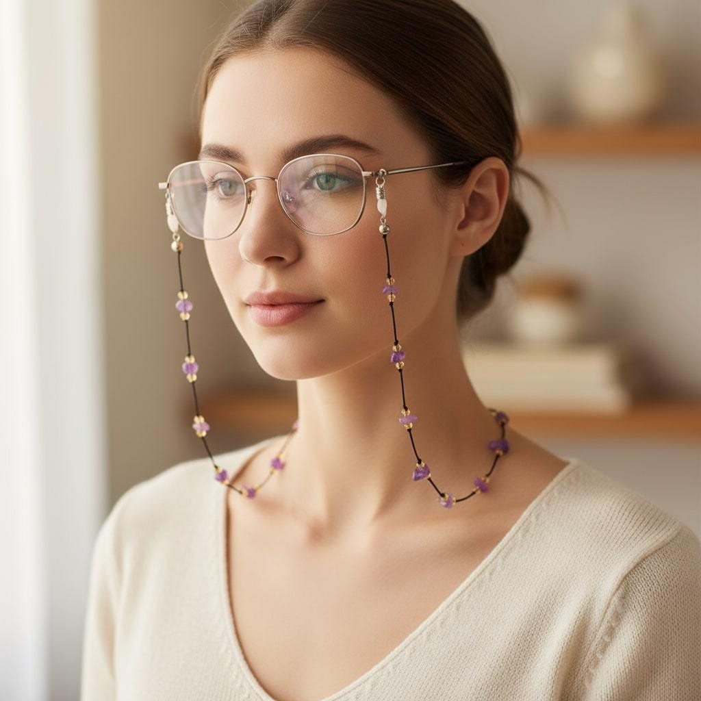 Üçlü Doğal Taş Gözlük Askısı Seti – Ametist, Pembe Kuvars ve Aventurin Gözlük İpi