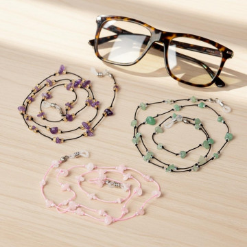 Üçlü Doğal Taş Gözlük Askısı Seti – Ametist, Pembe Kuvars ve Aventurin Gözlük İpi