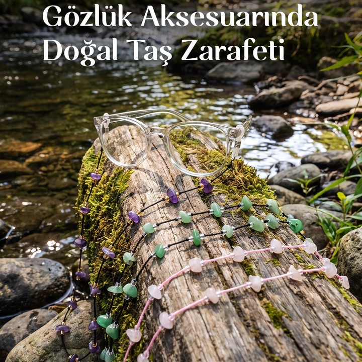 Üçlü Doğal Taş Gözlük Askısı Seti – Ametist, Pembe Kuvars ve Aventurin Gözlük İpi