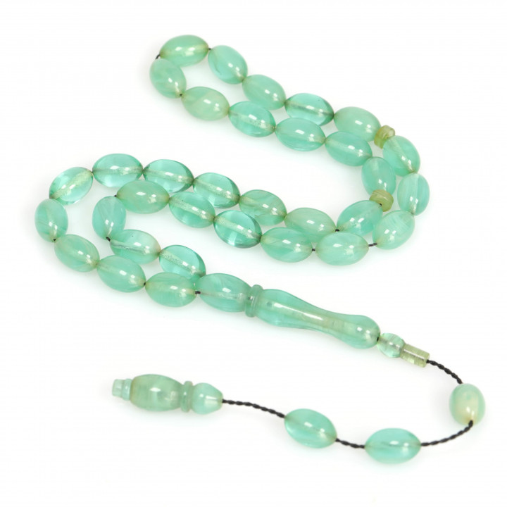 Yeşil Hareli Sıkma Kehribar Tesbih 7*11 mm - 1