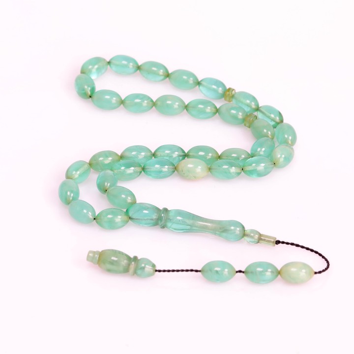 Yeşil Hareli Sıkma Kehribar Tesbih 7*11 mm - 2