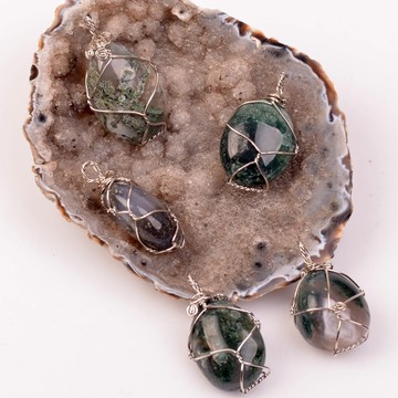 Yosunlu Akik Taşı Kolye - Tel Sargılı - 2